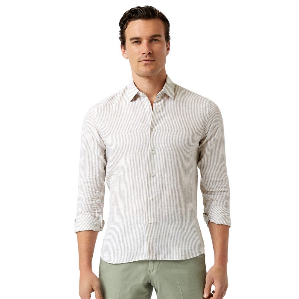 Classic Beige Striped Men's Linen Shirt